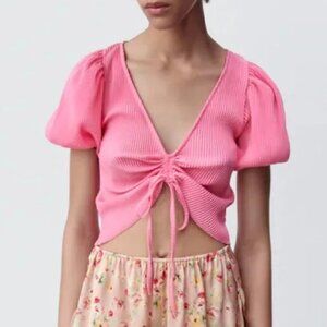 NEW Zara Pink Ruched Puff Sleeve Crop Blouse with Tie